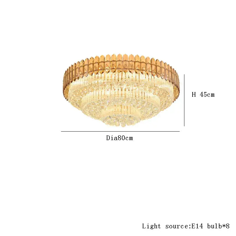 DecorBites amber crystal round chandelier with gold-toned tiered design and 8 e14 bulbs for living room lighting