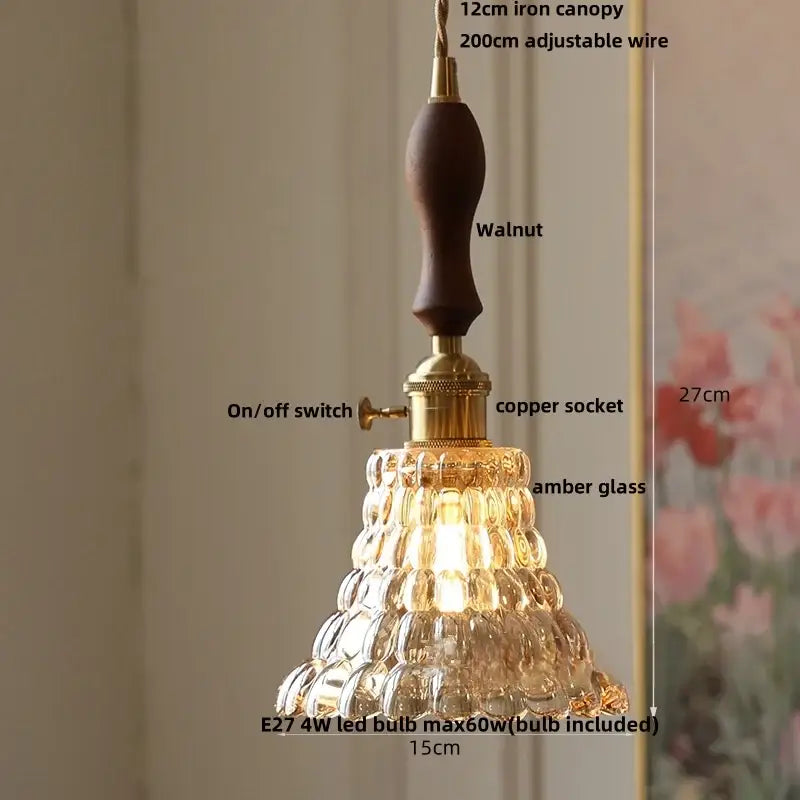 Decorbites amber flower glass led pendant light with warm amber faceted glass and walnut iron canopy in modern nordic style