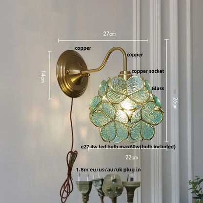 DecorBites™ amber flower glass wall sconce with brass copper finish and teal flower-shaped shade for living room decor