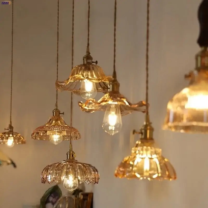 Decorbites™ amber flower glass pendant lamp with golden vintage-style petal design and brass fixtures for modern interiors