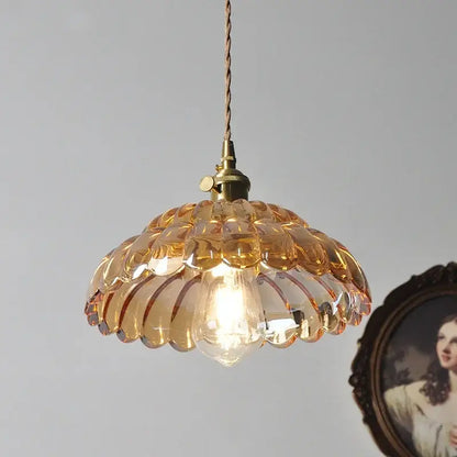 DecorBites amber flower glass pendant light with scalloped petals and brass hardware for kitchen and reading room decor