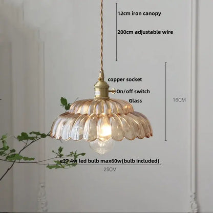 DecorBites amber flower glass pendant light with fluted petals and brass accents for kitchen or reading room decor