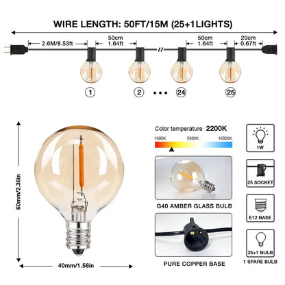 DecorBites amber glass bulb g40 dimmable led string lights with warm 2200k light and e12 base for party decor