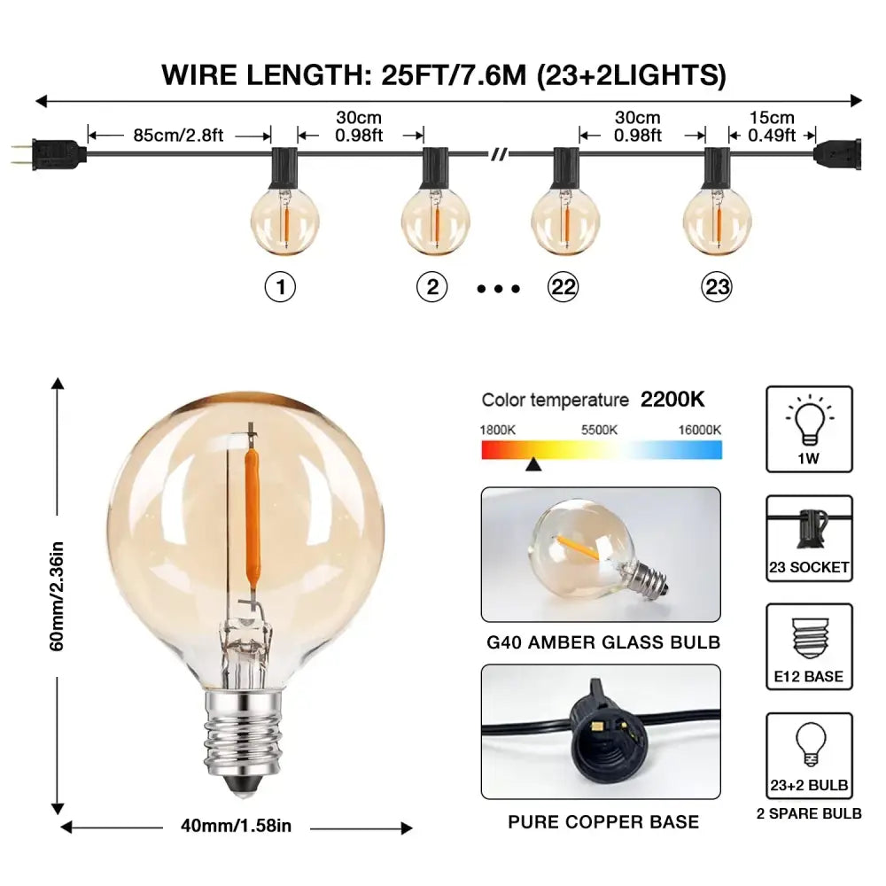 Decorbites amber glass bulb g40 string lights with warm 2200k dimmable led light and e12 base for party decor