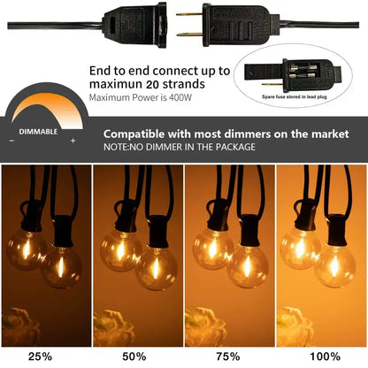 DecorBites™ dimmable string lights with amber glass bulbs and black plastic sockets for party and wedding decor