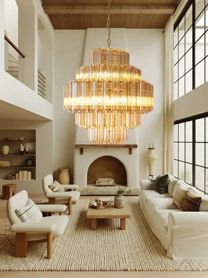 DecorBites amber glass ceiling chandelier with golden glass rods and warm glow elegant vintage crystal lamp