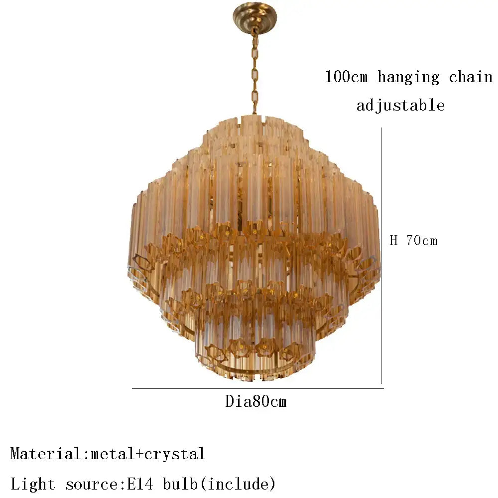 DecorBites amber glass ceiling chandelier with golden tiered brass frame and cascading crystal rods for elegant lighting