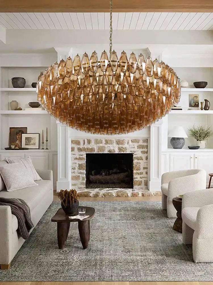 DecorBites amber glass ceiling chandelier with a cascading design of amber glass teardrop elements for dining table