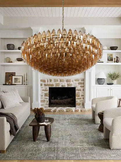 DecorBites amber glass ceiling chandelier with a cascading design of amber glass teardrop elements for dining table
