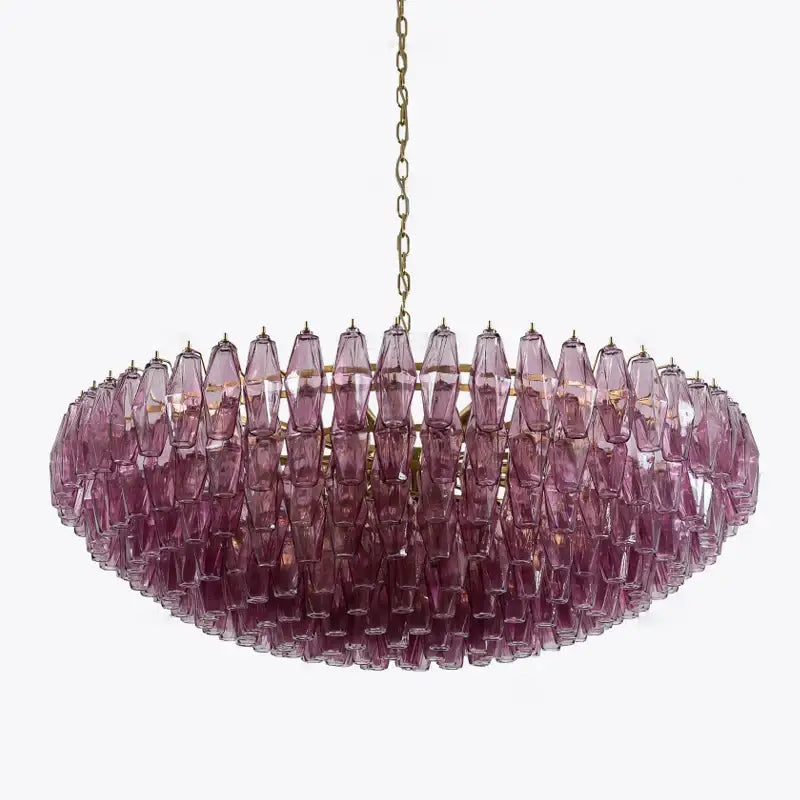 Decorbites™ amber glass ceiling chandelier featuring gradient purple faceted teardrop crystals on a brass frame