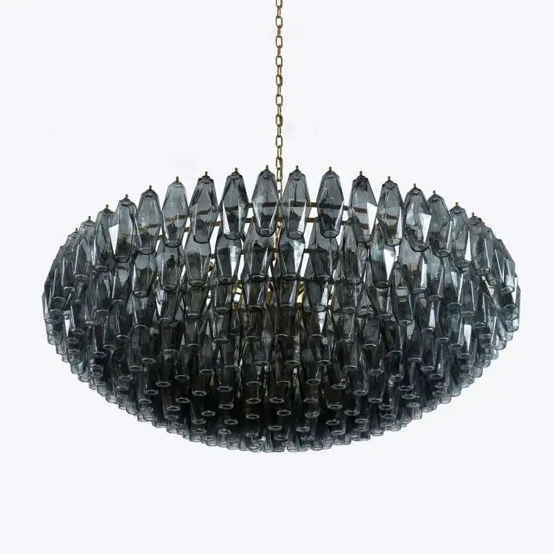 DecorBites amber glass ceiling chandelier with dark gray faceted glass pieces and gold chain for dining table lighting