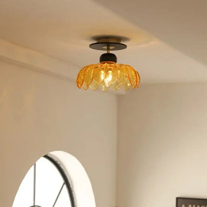 Decorbites amber glass ceiling lamp with warm amber glass petals and brass metal base for modern bedroom lighting