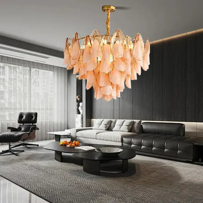 DecorBites amber glass chandelier with golden frame and peach glass petals dimmable luxury light fixture for living room hall