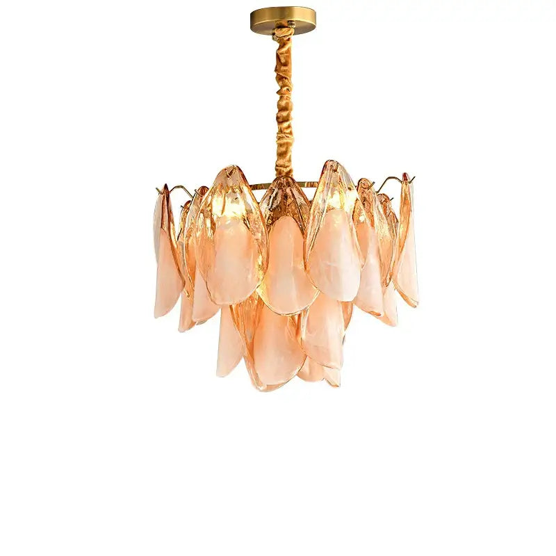 DecorBites™ amber glass chandelier with peach-colored translucent leaf shades and gold-toned chain for living room hall