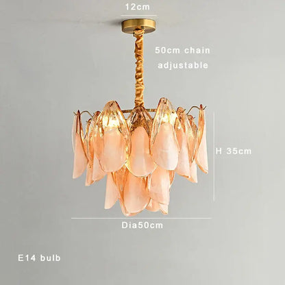 Decorbites™ amber glass chandelier with delicate peach-colored glass and gold-toned twisted chain for living room lighting