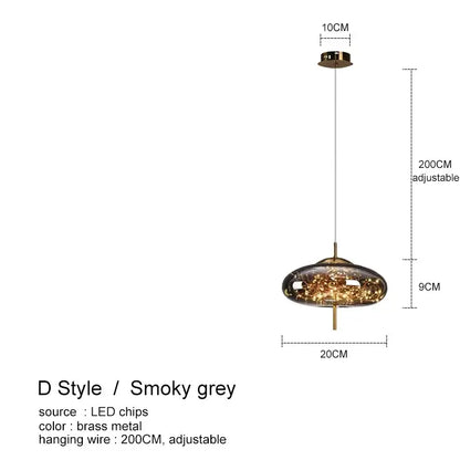 Smoky grey glass chandelier with brass accents and led chips from DecorBites amber glass chandelier collection