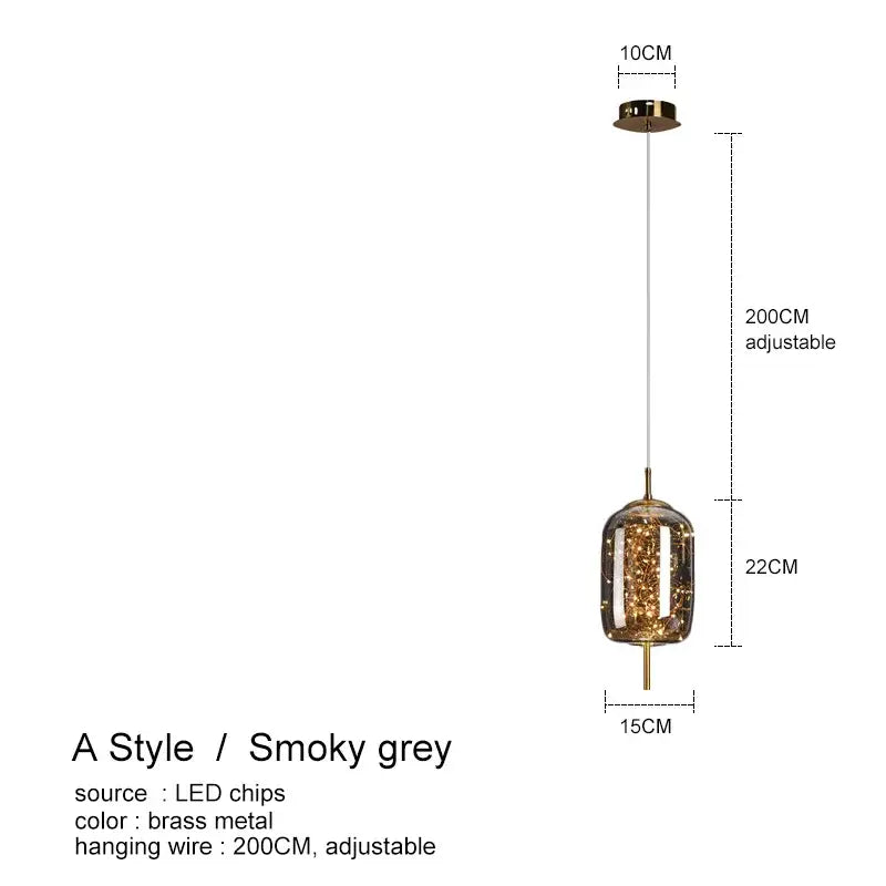 Decorbites™ amber glass chandelier featuring a smoky grey glass pendant light with brass frame and led chips for luxury lighting