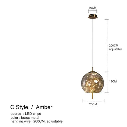 Amber glass chandelier with spherical amber glass and brass frame featuring led chips for luxury pendant lighting