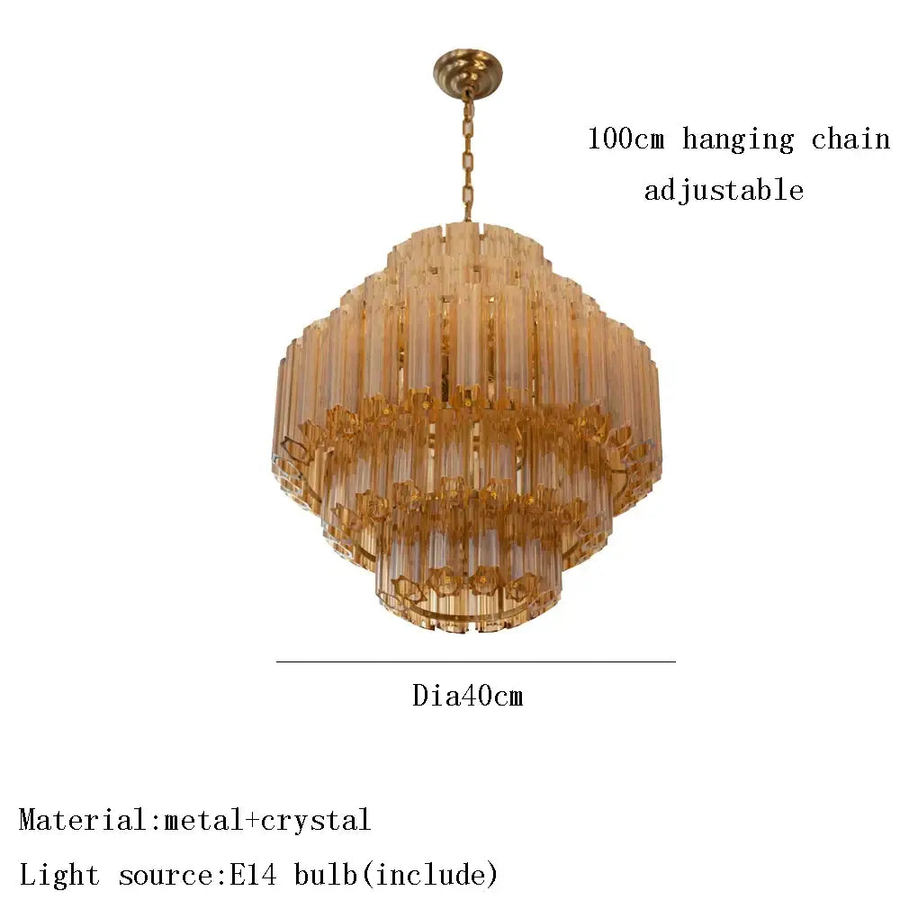 DecorBites™ amber glass chandelier in golden crystal and metal with 100cm adjustable chain for living and dining rooms