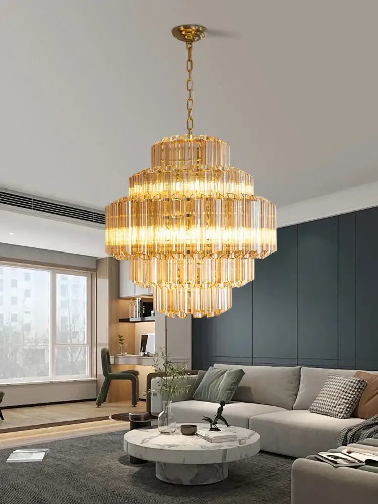 Golden tiered decorbites amber glass chandelier with crystal glass rods and brass chain for living and dining rooms
