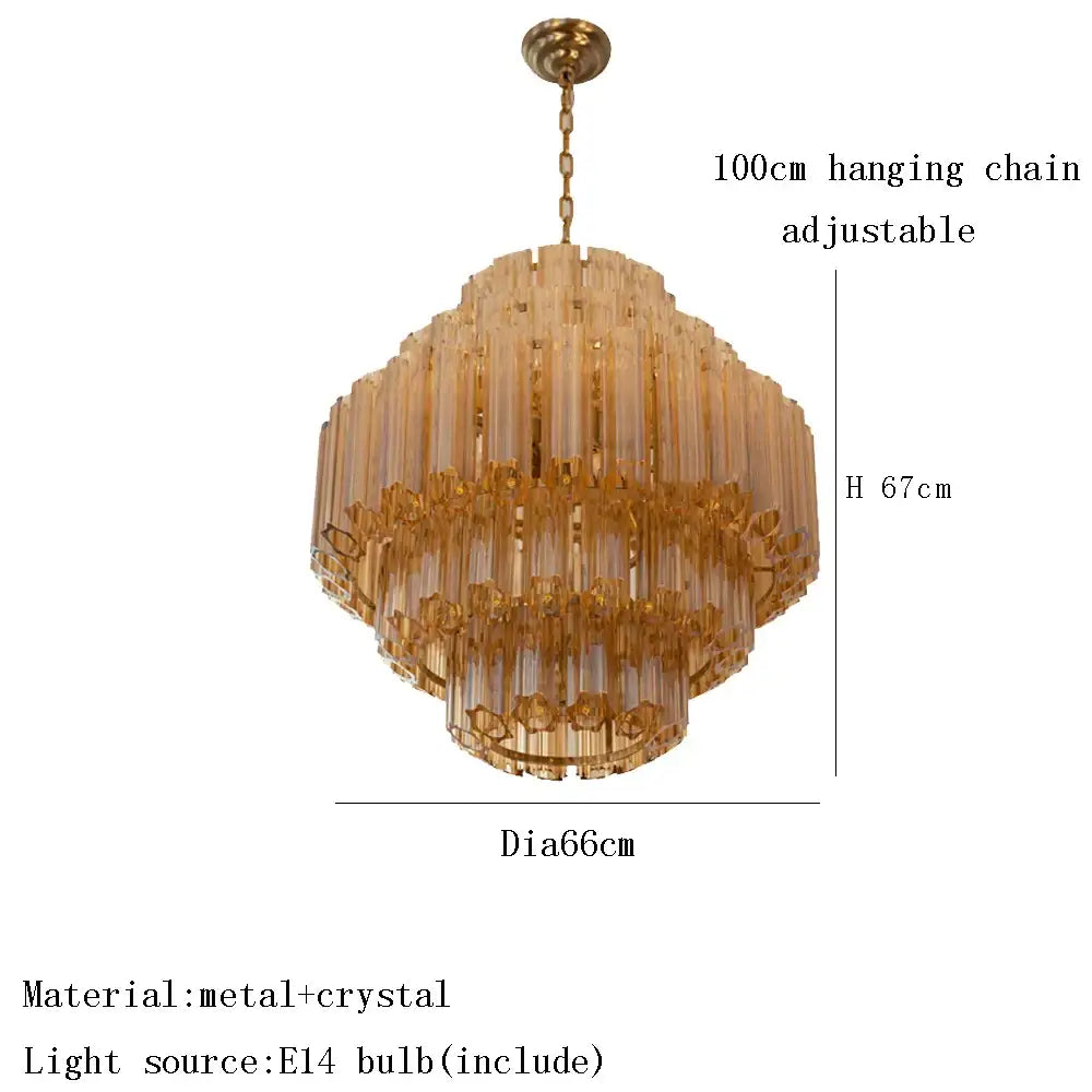 DecorBites™ amber glass chandelier with brass frame and cascading crystal rods for modern luxury living and dining rooms