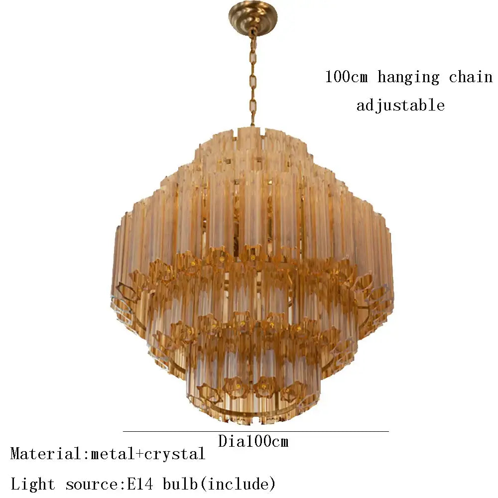 Decorbites™ amber glass chandelier with tiered crystal rods and golden metal framework for living and dining room lighting
