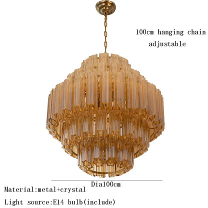 Decorbites™ amber glass chandelier with tiered crystal rods and golden metal framework for living and dining room lighting