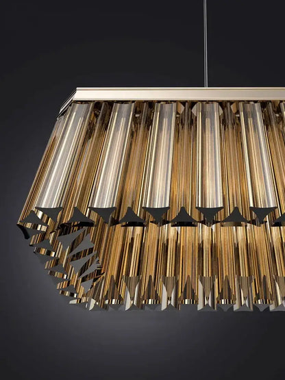Golden amber glass chandelier with cascading glass tubes and metallic triangles for nordic dining room lighting