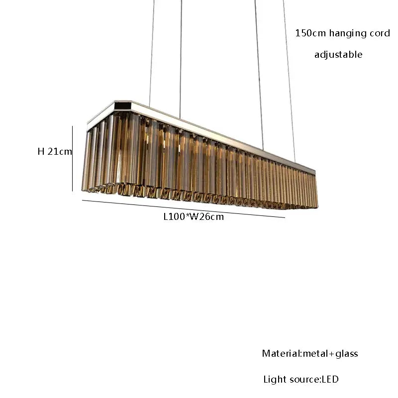 Modern DecorBites amber glass chandelier with a sleek metallic frame and vertical amber glass tubes for Nordic dining room