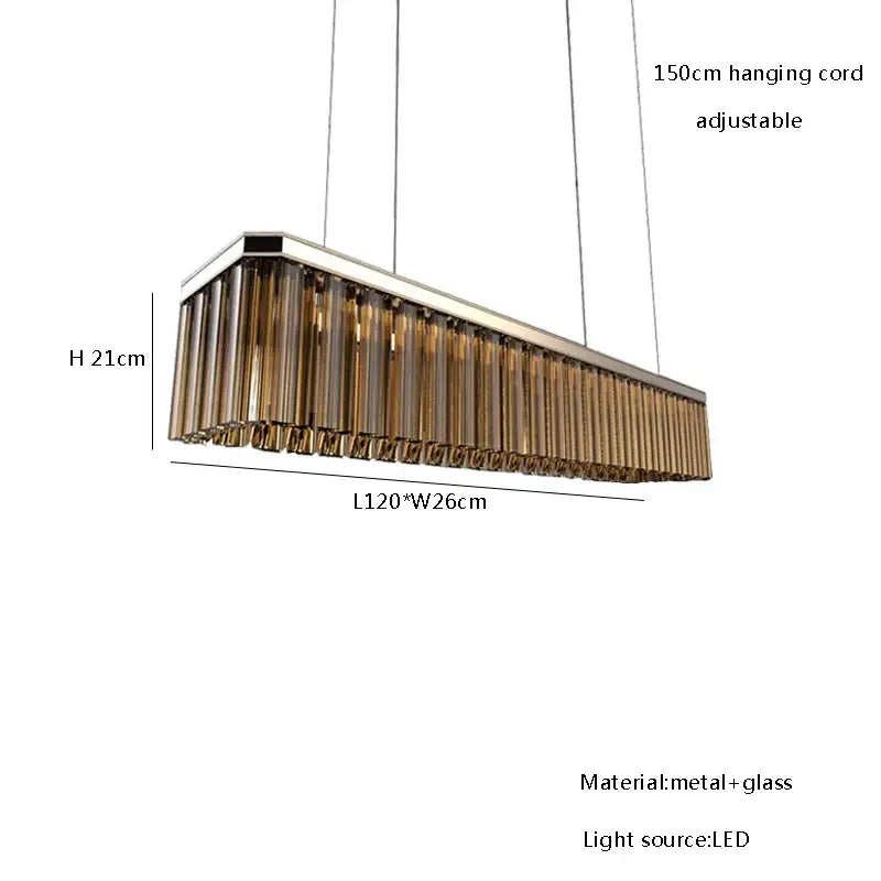 Modern rectangular amber glass chandelier with sleek metallic frame and vertical amber glass tubes for nordic dining room