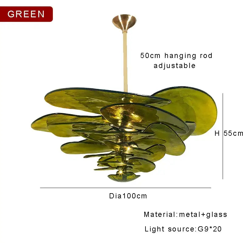 DecorBites amber glass chandelier with olive-green layered petal-like shades ideal for luxury living space lighting