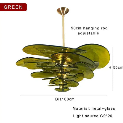 DecorBites amber glass chandelier with olive-green layered petal-like shades ideal for luxury living space lighting
