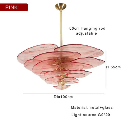 Decorbites™ amber glass chandelier with pink layered glass and brass metal frame for elegant living space lighting