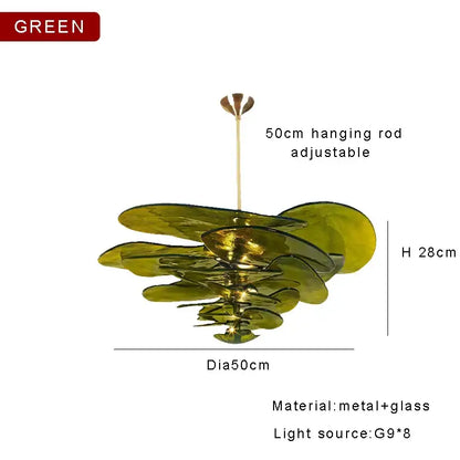 DecorBites amber glass chandelier with green leaf-shaped glass and metal pendant for luxury living space lighting