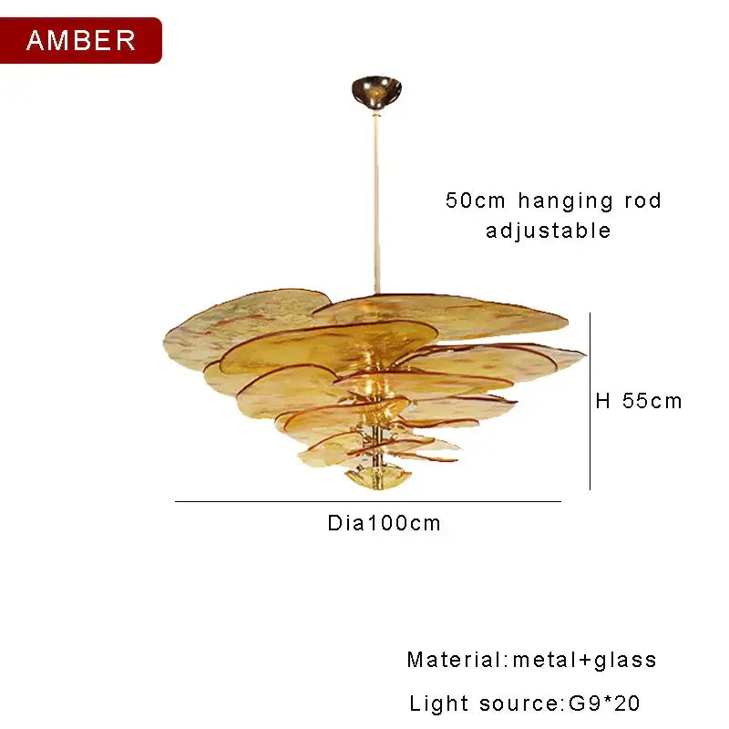 DecorBites amber glass chandelier features layered petal-like discs in amber glass for elegant living space lighting
