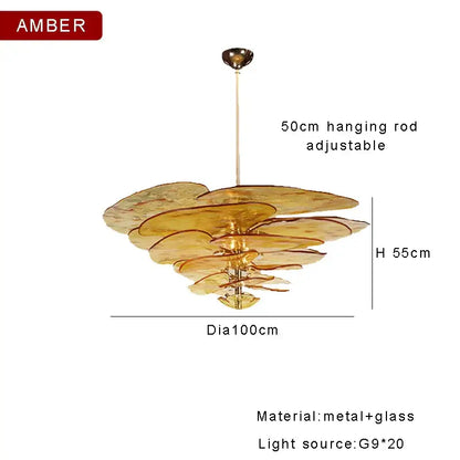 DecorBites amber glass chandelier features layered petal-like discs in amber glass for elegant living space lighting