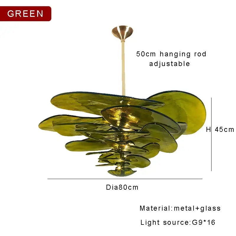 Olive-green layered glass and metal amber glass chandelier with adjustable rod for living space in duplex villa