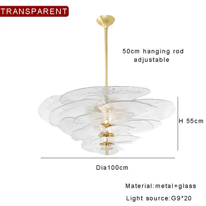 Decorbites amber glass chandelier with layered petal-like shades and gold-toned rod for luxury living space