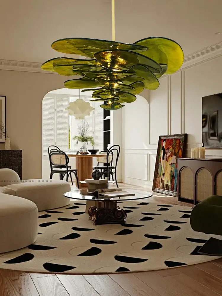 Decorbites amber glass chandelier featuring a striking green glass design with layered petal shades for living space lighting