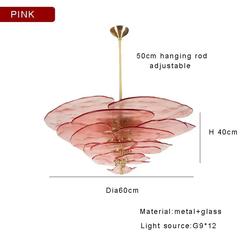 Decorbites amber glass chandelier with pink layered glass and brass finish rod for luxury living space lighting