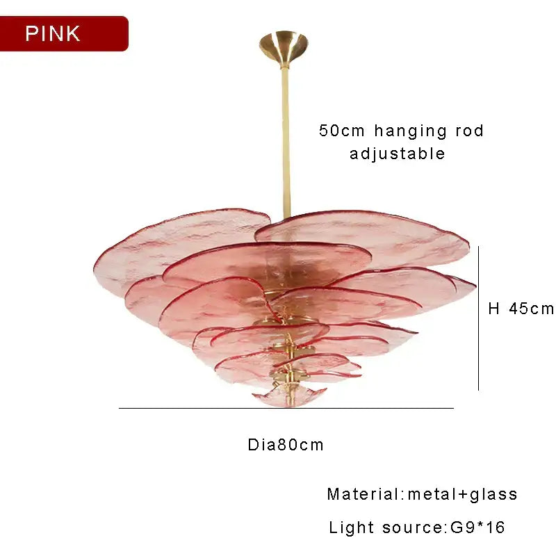 Decorbites amber glass chandelier with pink layered glass and brass frame for luxury living space lighting