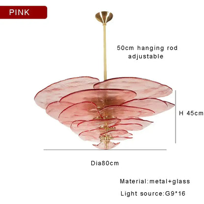 Decorbites amber glass chandelier with pink layered glass and brass frame for luxury living space lighting