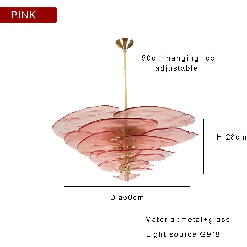 DecorBites amber glass chandelier with pink layered glass and brass-finished rod for luxury living space lighting