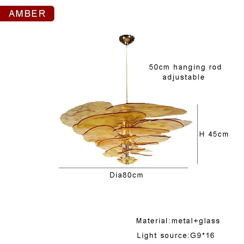 DecorBites™ amber glass chandelier with layered glass and metal design 45cm height for elegant living space lighting