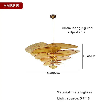 DecorBites™ amber glass chandelier with layered glass and metal design 45cm height for elegant living space lighting