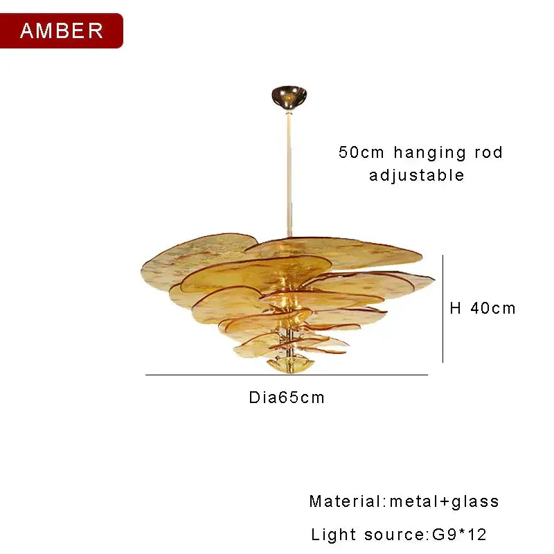 Decorbites™ amber glass chandelier with layered amber-colored glass discs and metallic frame for living space lighting