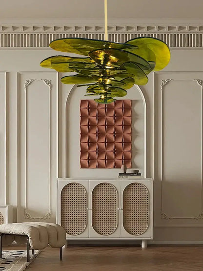 DecorBites amber glass chandelier with layered green and gold petals for luxury living space in duplex villa
