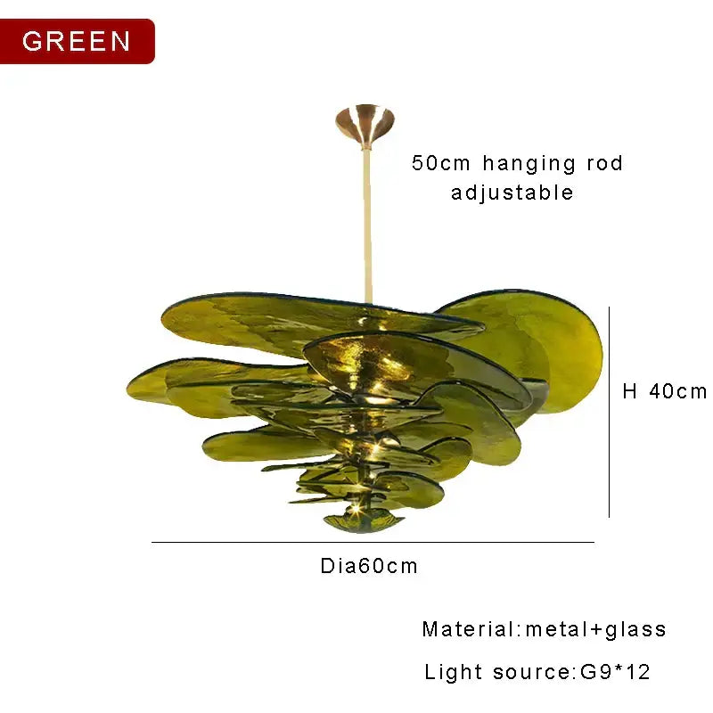 Olive-green amber glass chandelier pendant light with layered metal leaf-like shades for living space lighting
