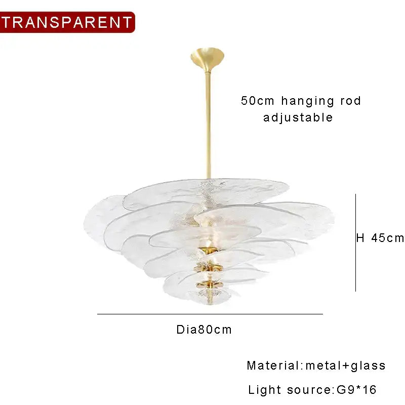 Transparent layered amber glass chandelier with gold-toned metal rod for luxury living space by DecorBites™