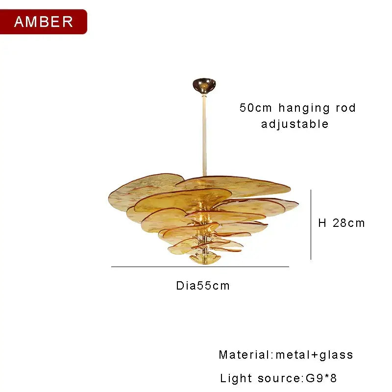 DecorBites™ amber glass chandelier with tiered amber-colored discs and metallic rod for luxury living space lighting